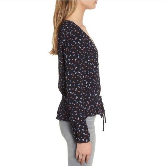 Rails Black Butterfly Print V-neck Button Front Waist Tie Peplum Blouse Top M - Picture 4 of 14